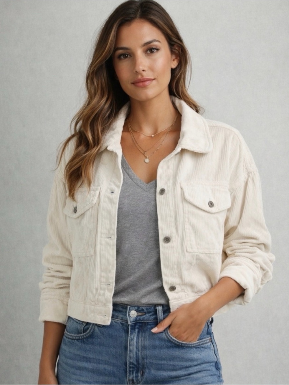 Abercrombie & Fitch Cream Corduroy Cropped Trucker Jacket Size Medium